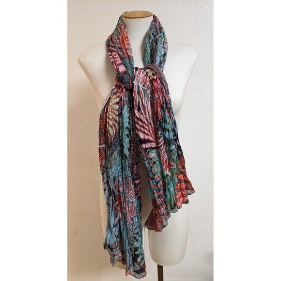 RIU Paris Women's Rectangular Multicolored Leaf Print Cotton Crinkle Long Scarf - Picture 4 of 8